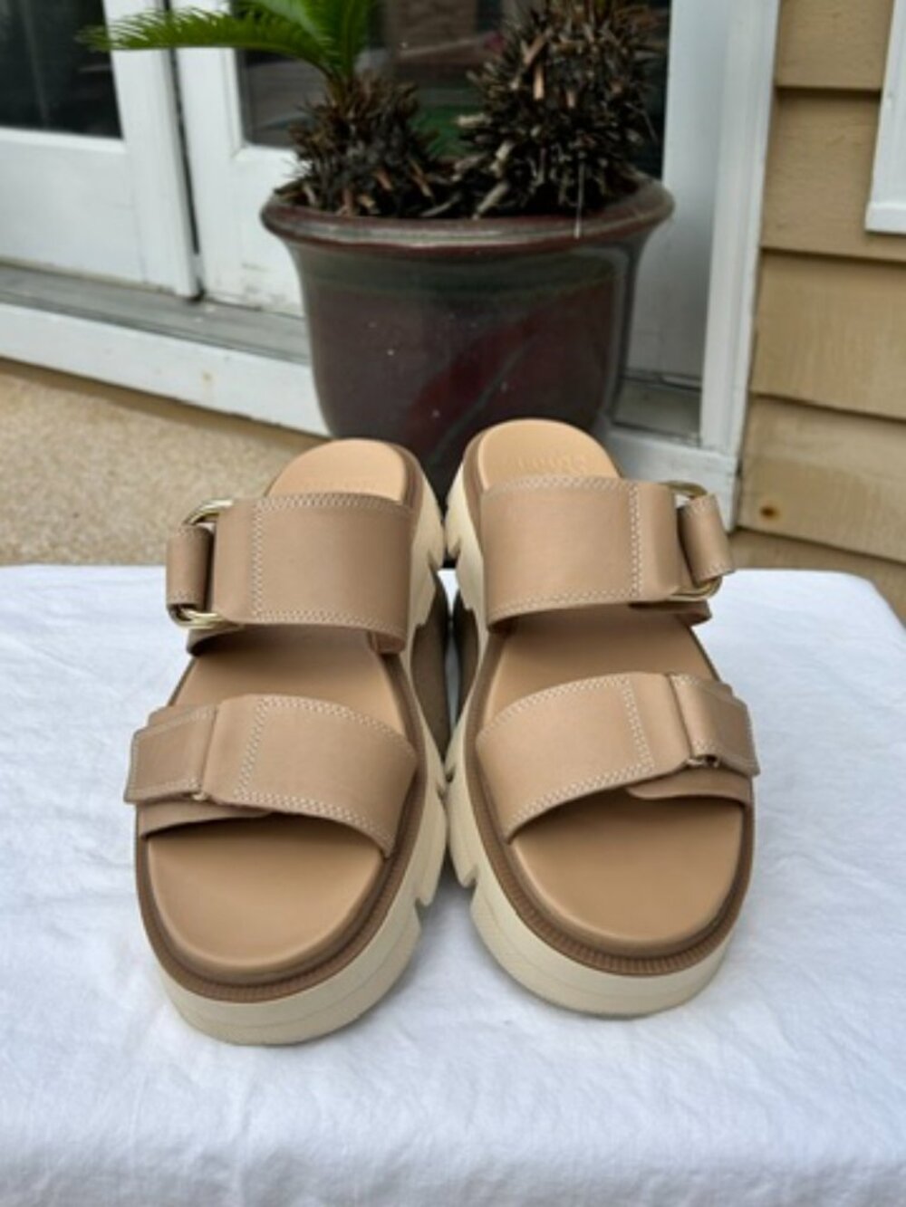 Sorel Rein Sandal Womens Slide Wedge Platform 9 Beige Lug Sole